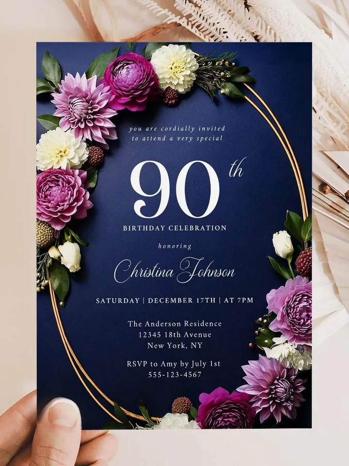 90th Birthday Party Invitation Canva Template for Mother Grandma, Moody Purple Flowers Navy & Gold, 90 Years Loved, Digital Invite