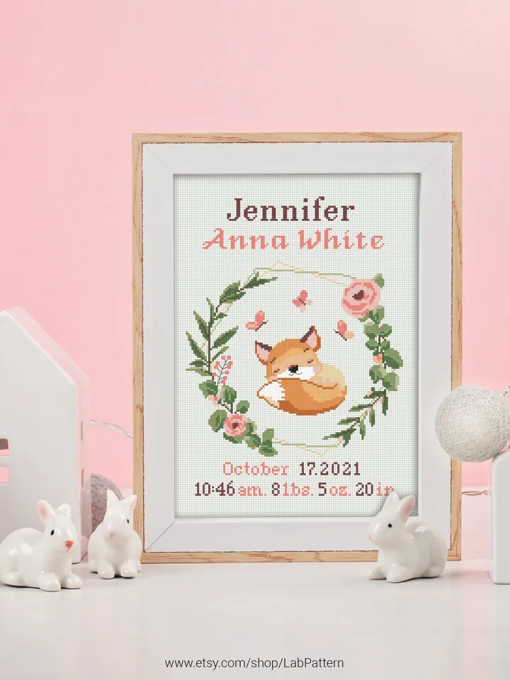 Fox Birth announcement cross stitch pattern, baby, personalized, boy girl nursery decor, counted, chart, gift DIY, embroidery, instant PDF
