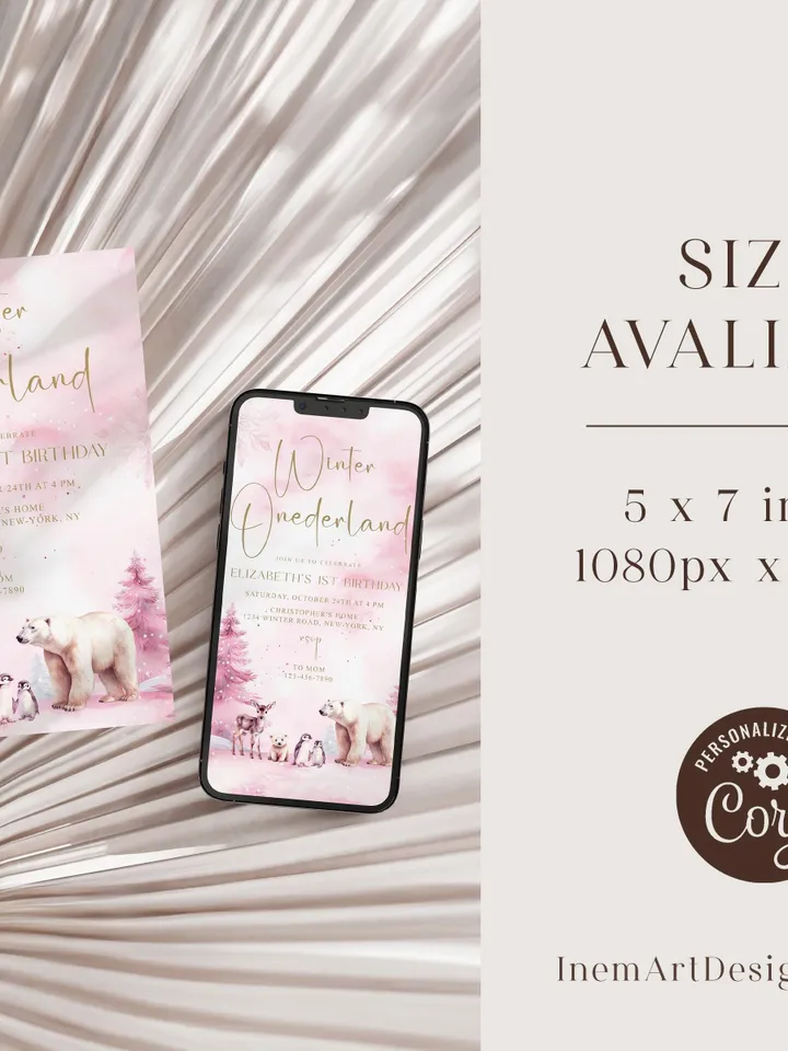 Winter Onederland Birthday Girl Invitations, Editable Pink Winter 1st Birthday Invite Template, Pink Christmas First Birthday Party - I123