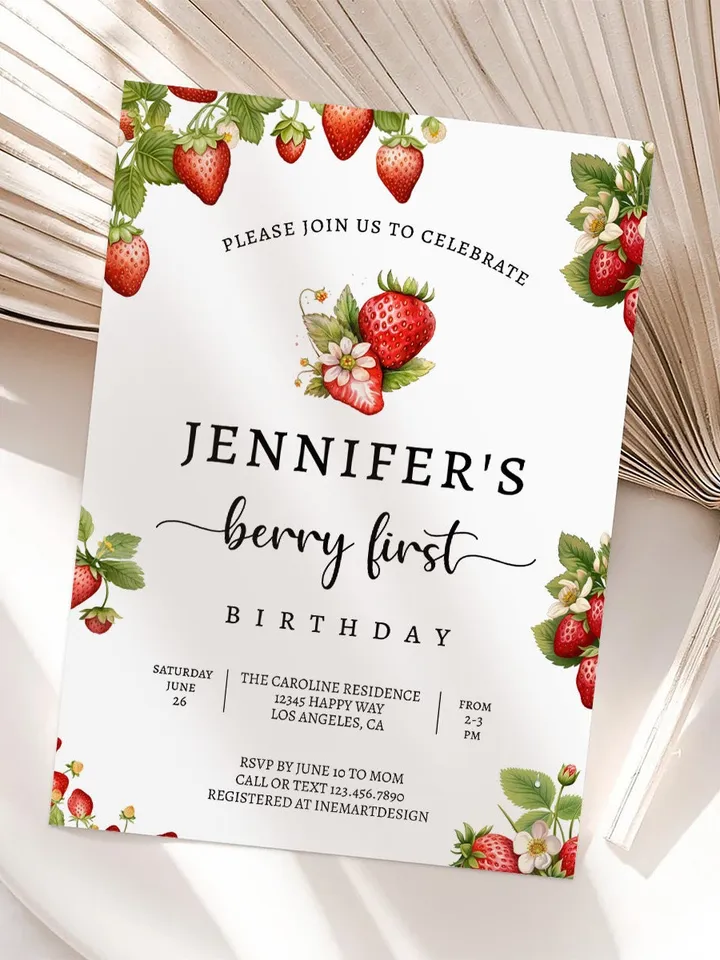Editable Strawberry First Birthday Invitation Template Girl 1st Birthday Party Invite Berry First Birthday Cute Sweet Printable BF001