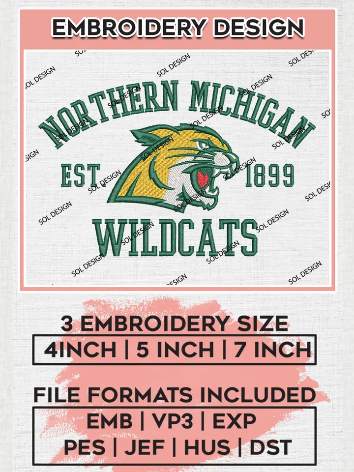 NCAA Northern Michigan Wildcats Team Est 1899 Logo Embroidery Design Files, NCAA Northern Michigan Wildcats Machine Embroidery, NCAA Teams, 3 sizes, NCAA Machine embroidery designs, Digital Download