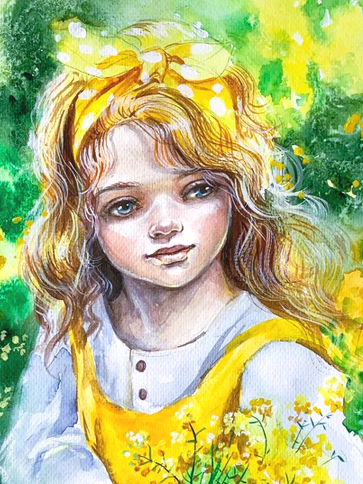 Portrait of a girl, yellow bouquet, watercolor painting