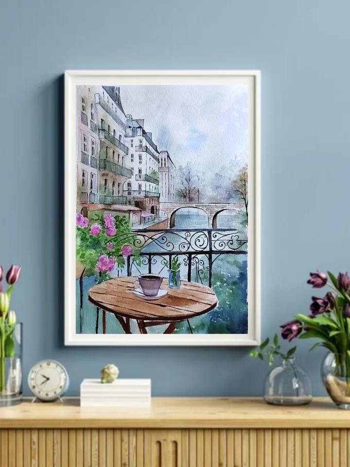 French Cafe Painting Original Watercolor Artwork 9,4x13,8 in by Art Café