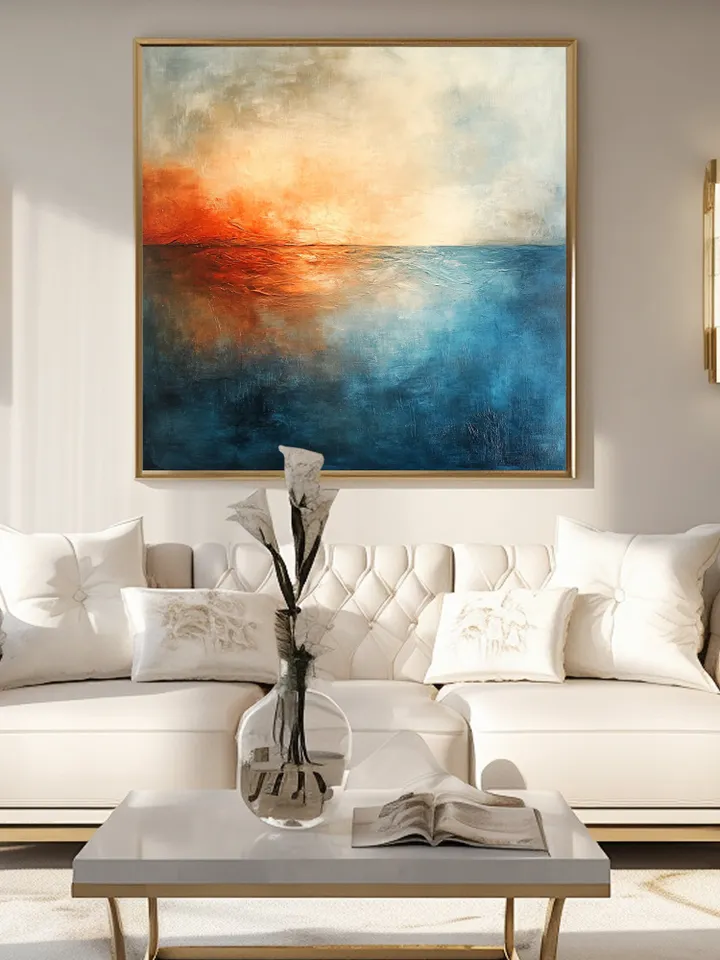 Hand-Painted Abstract Oil Painting | Modern Ocean Sunset Wall Art | Vibrant Orange and Blue Canvas Decor for Living Room and Office