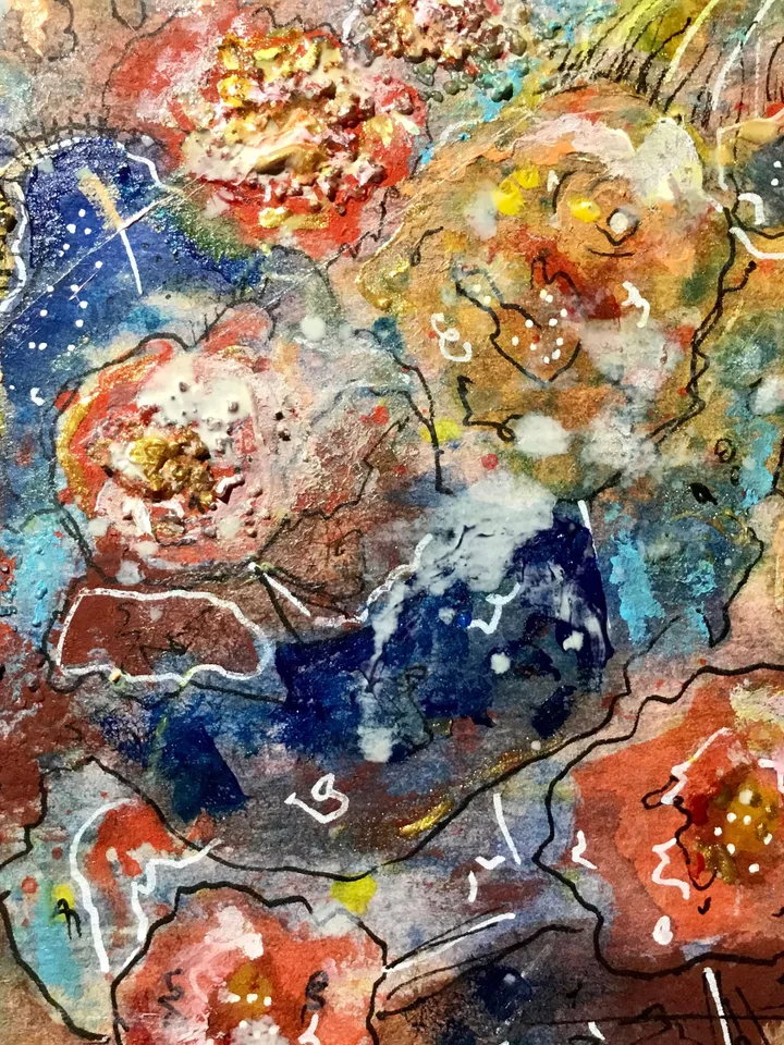 Abstract fantasy mix media watercolour and acrylic original painting on paper,abstract wall art,landscape flowers pink gold.