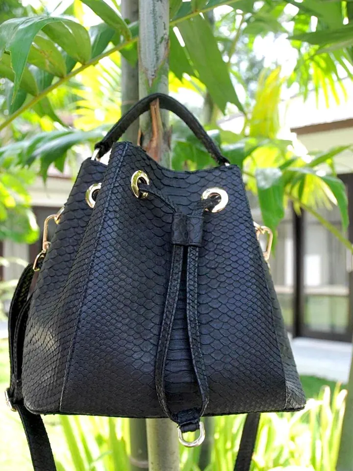 Genuine python skin black bucket crosshandle bag | designer women purse | classy elegant crossbody bag | exotic leather bags | gift idea