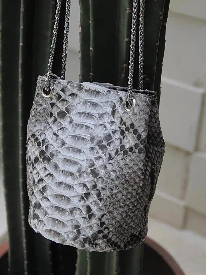 Genuine python skin bucket grey chain bag / designer women purse / summer soft  bag / exotic leather bags free shipping / gift for her