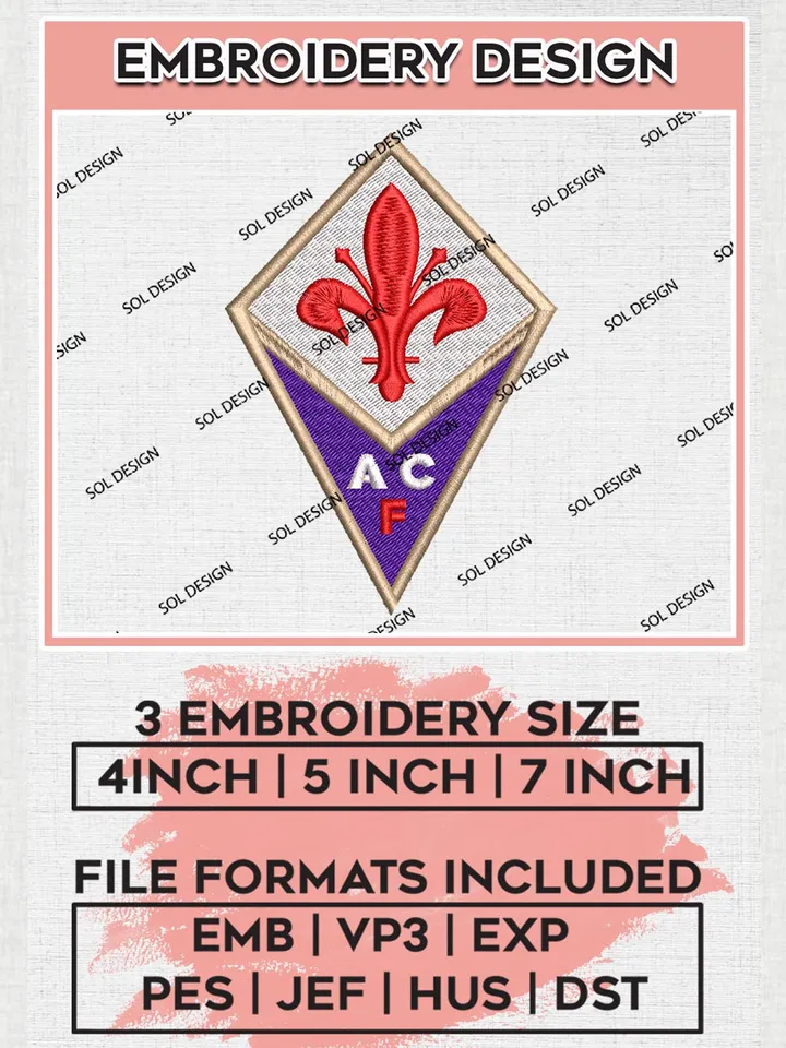 Fiorentina Logo Embroidery Design, Serie A Embroidery files, Serie A Fiorentina Teams, Football, Digital Download