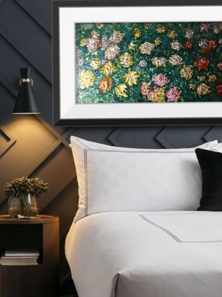 Large original oil painting,Monet inspired,bed of chrysanthemums wall art,impasto flowers painting.