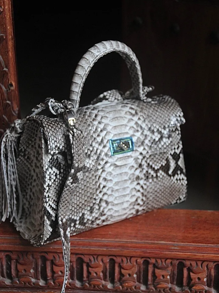 Top handle grey classy genuine python skin bag | exotic leather bags | Elegant everyday women purse | snake skin bag | designer leather bag