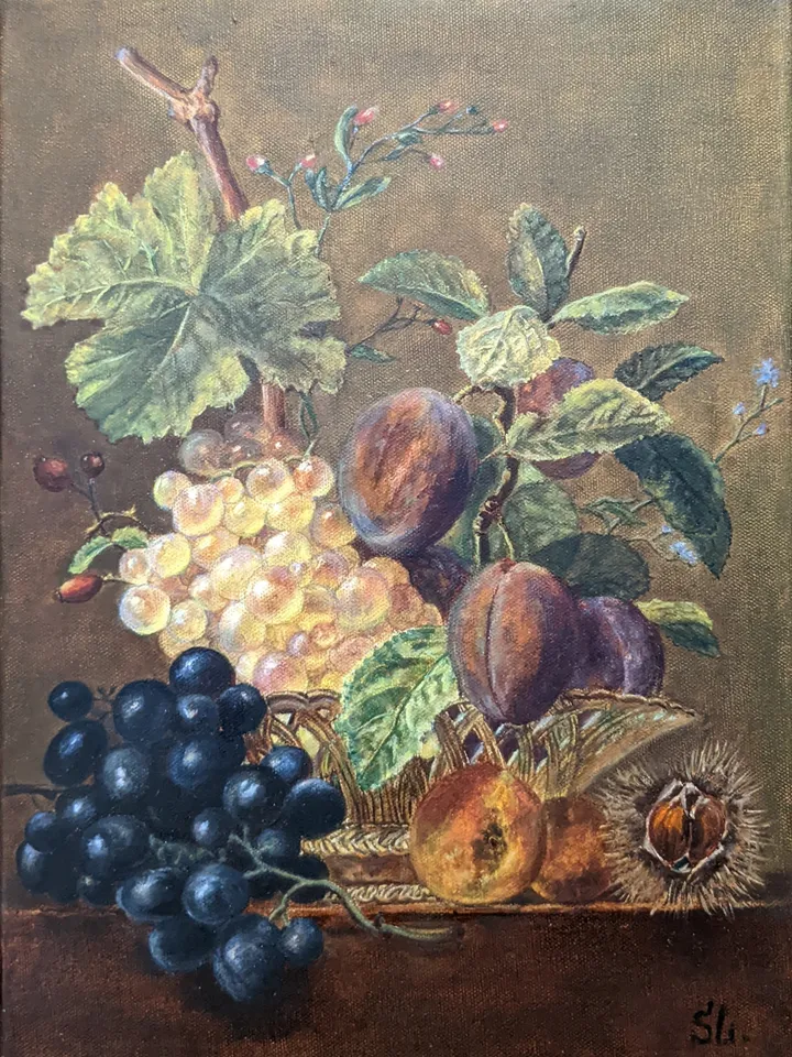 Still Life Oil Painting Grapes Chestnut Plums Reproduction Original Art 16x12 inches