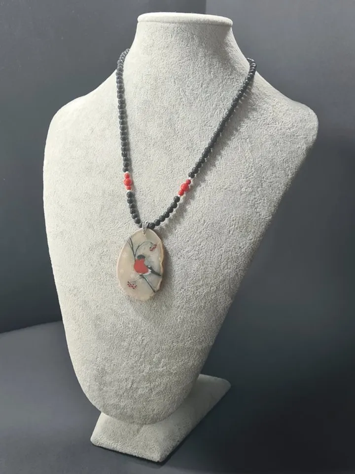 Bullfinch on a rowan branch necklace Hand painted Christmas Gift Wrapping