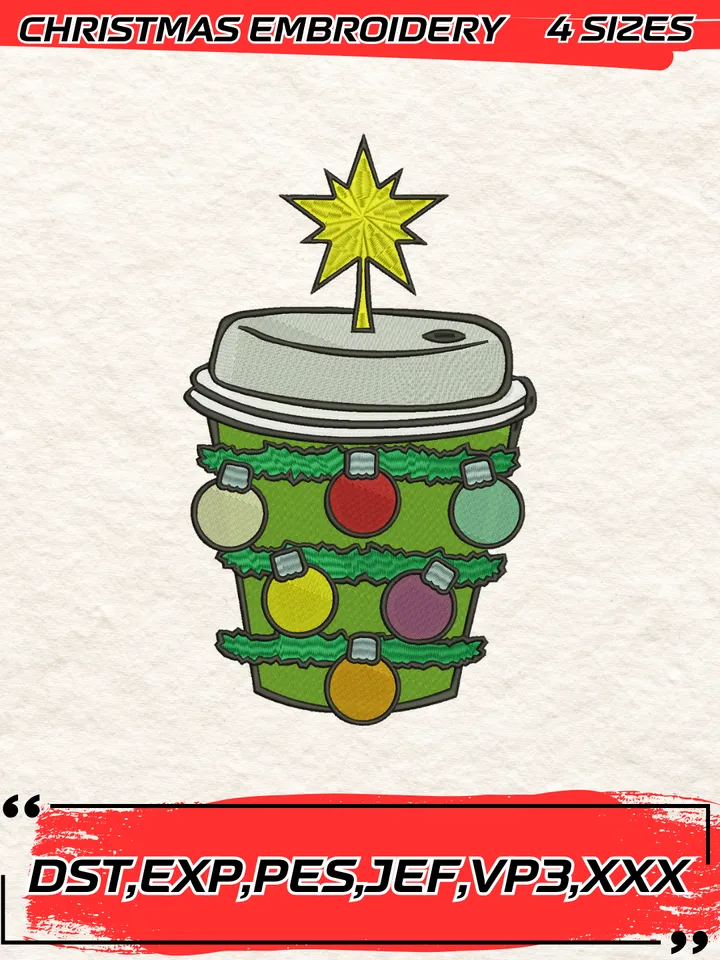 Christmas Cup Tree Embroidery Design,Christmas Embroidery Design,4 Sizes, Digital Download