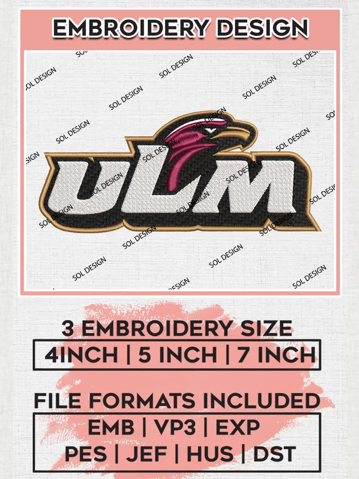 NCAA ULM Team Head Mascot Logo Embroidery Design Files, NCAA UL Monroe Warhawks Machine Embroidery, NCAA Teams, Game Day, 3 sizes, NCAA Machine embroidery designs, Digital Download