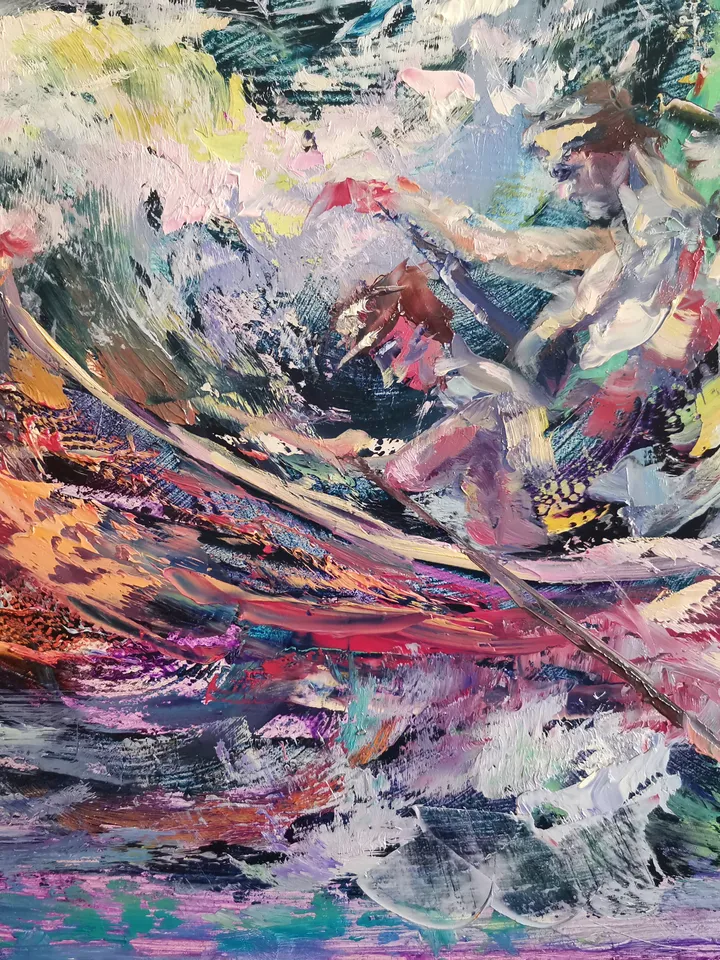 Original Art Oil Painting Boat People Sea Storm Ocean Sunset Artist Svinar Oksana