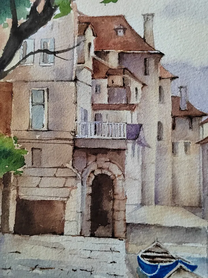 Original Watercolor Painting Cozy Landscape Art Italian Town Artwork Town Siesta Picture Sunny Day 30x40 cm by SoftWaves