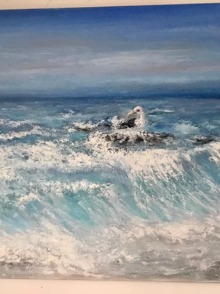Seascape and a seagull oil painting hand made,waves,stones and a beach.Stretched canvas. Size 50/70 sm,27.5/19.6 inches.