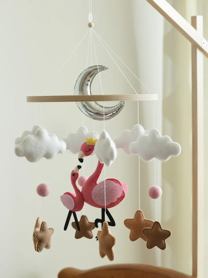 Handcrafted Flamingo, Stars, Clouds and Safari Themed Felt Baby Mobile - Customizable Nursery Decor
