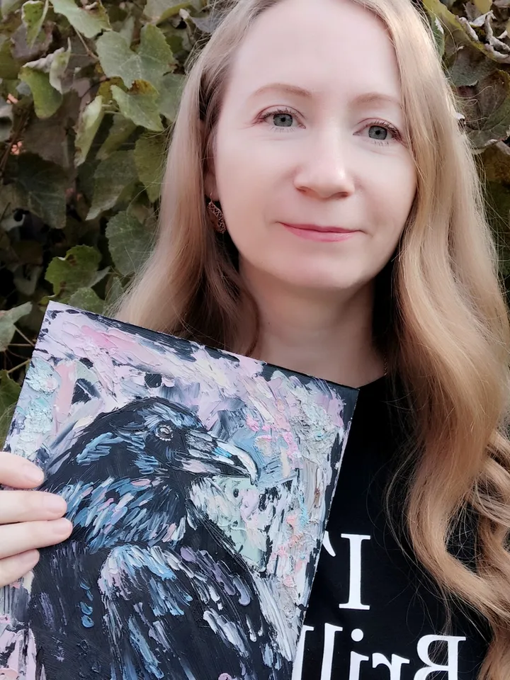 Raven Painting Bird original art 10 by 8 inches Black Crow Wall Art Crow artwork oil painting by Natalia Plotnikova