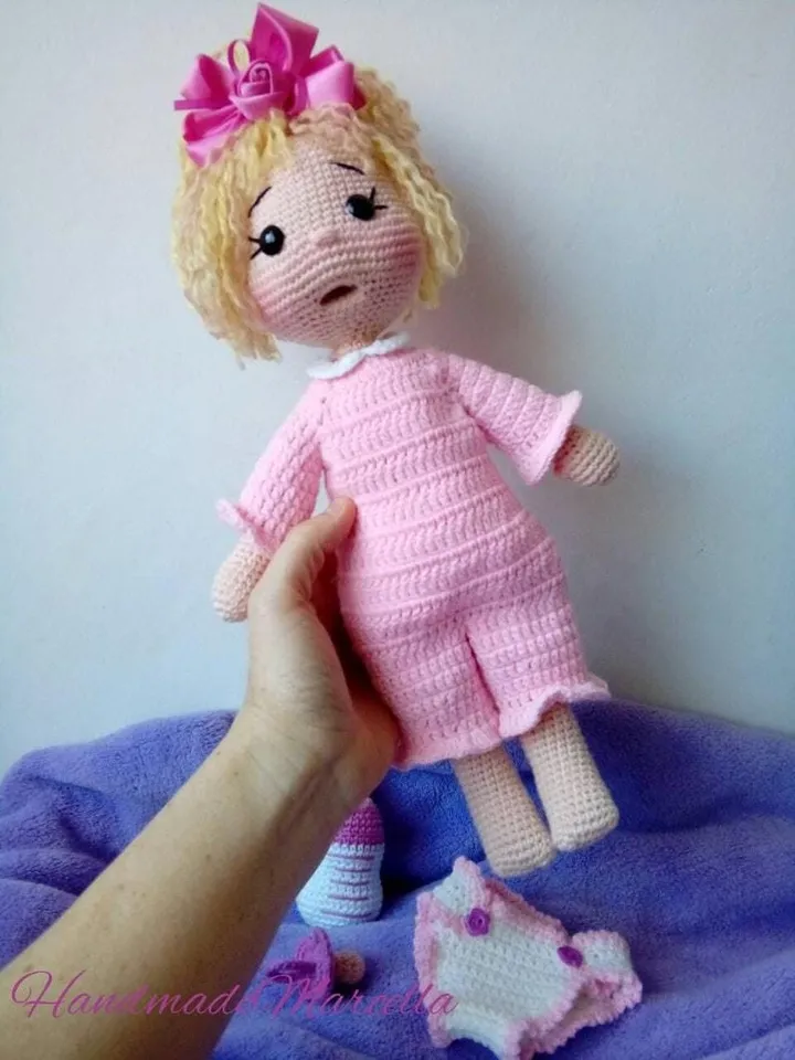 Handmade Crochet Baby Doll โ 37 cm Dress-Up Doll with Bottle & Pacifier โ Montessori-Inspired Soft Toy โ Gift for Girls