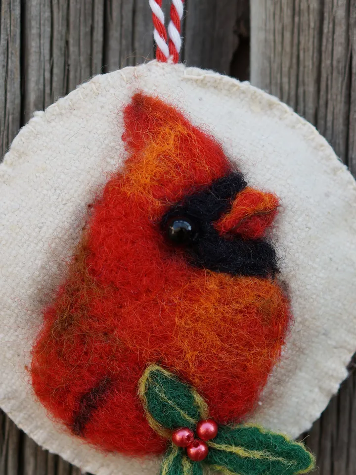 Cardinal Christmas ornament, bird portrait, needle felted cardinal, ready to ship from the USA