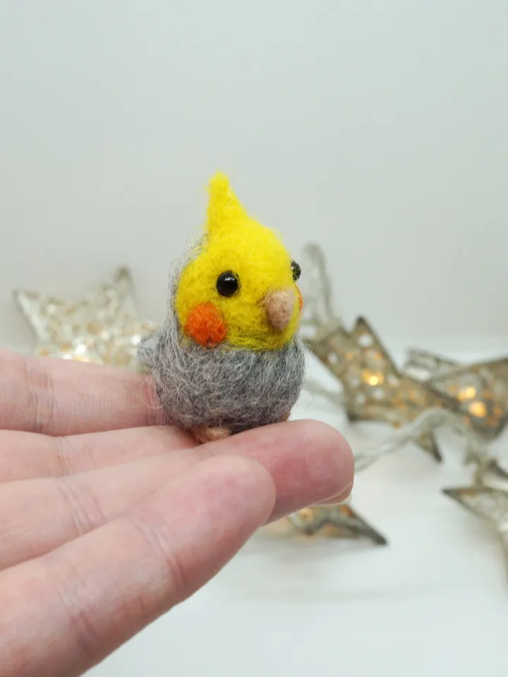 Miniature needle felted gray cockatiel, pet bird, parakeet, made to order