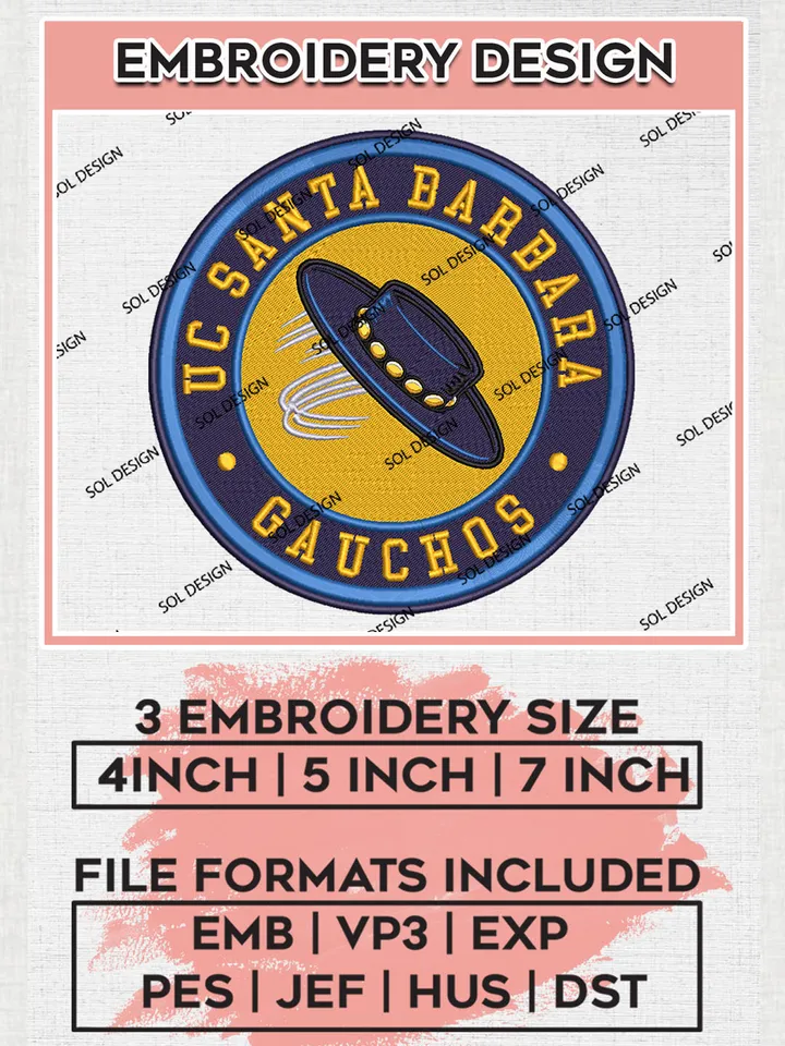 NCAA UC Santa Barbara Gauchos Round Logo Embroidery, NCAA UC Santa Barbara Gauchos Logo Embroidery files, NCAA Teams, Machine embroidery designs, Digital Download