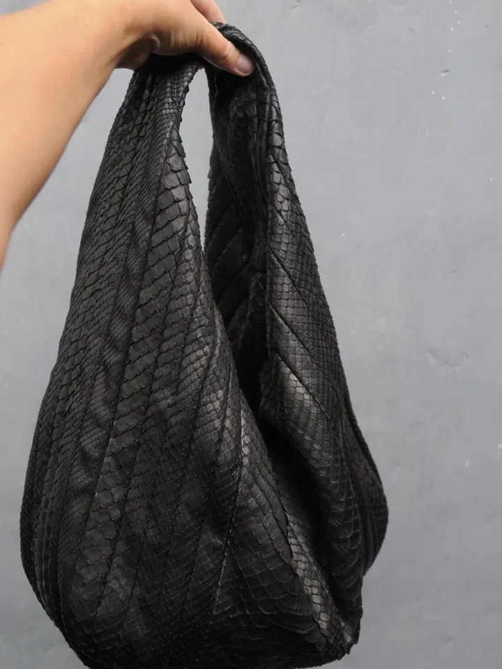 Fast shipping  Soft Hobo Classy Sport Woman Stitched Bag | Purse Genuine Python Skin | Black  Elegant Leather Designer Soft Bag