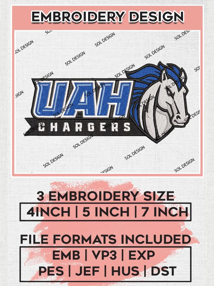 UAH Chargers Team Mascot Logo Embroidery Design Files, NCAA Alabama Huntsville Chargers Machine Embroidery, NCAA Teams, 3 sizes, NCAA Machine embroidery designs, Digital Download
