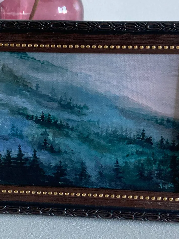 Original Forest Painting Foggy Forest Mountains Small Moody Painting