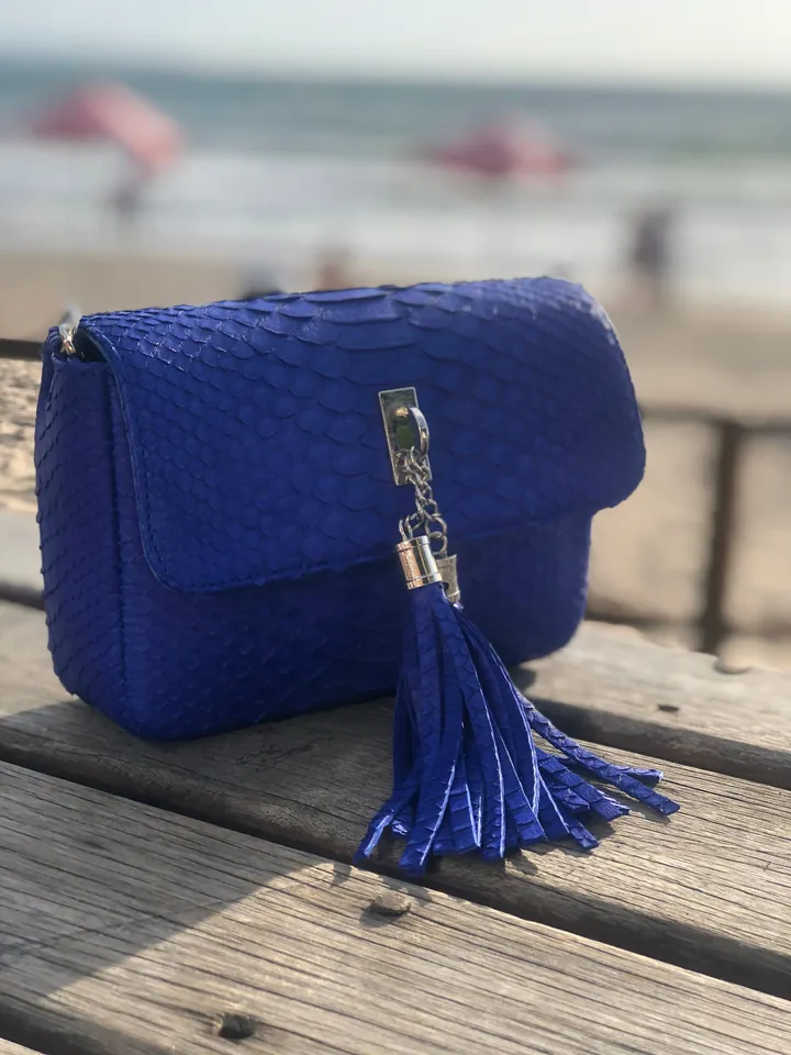 Bright blue Python skin tassel bag | electric blue chain crossbody bag | Leather designer bag | Exotic skin bag | Small crossbody Bag tassel