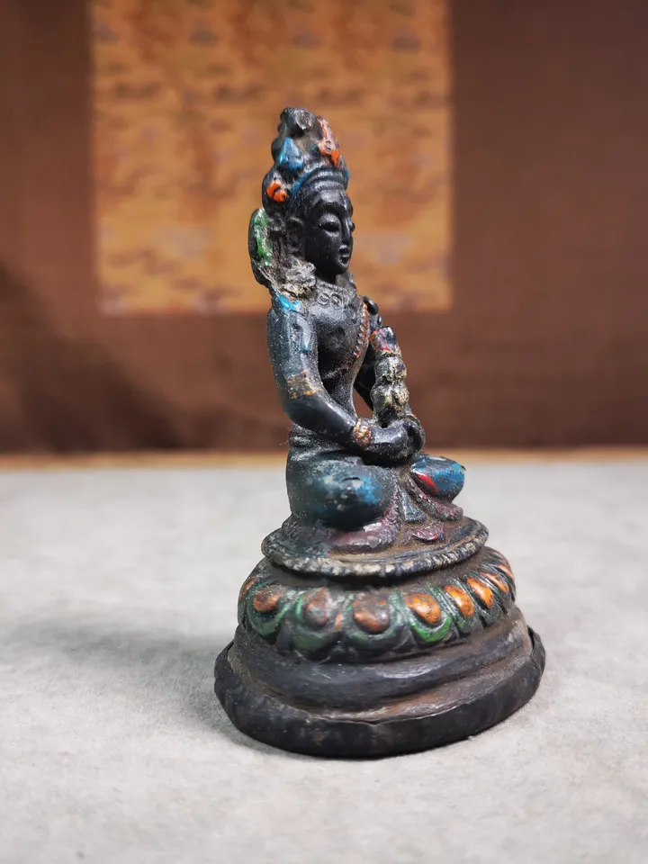 Gandhanra Antique Colored Tibetan Statue,Amitayus,Buddha of Longevity,80 Years Old