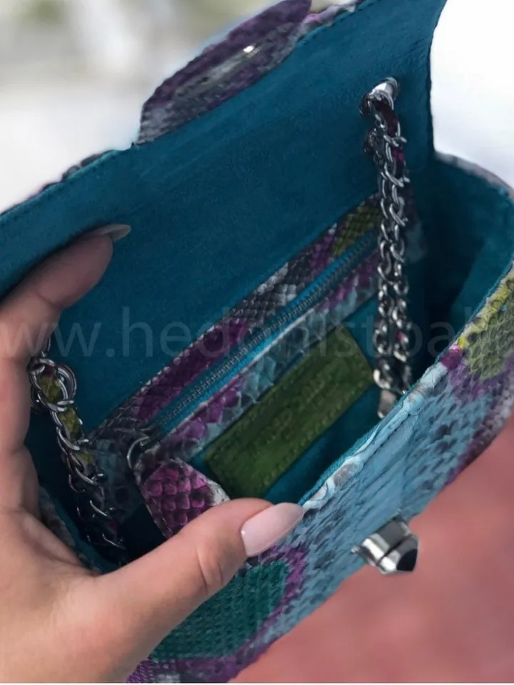 Genuine Python Skin crossbody bag blue multicolour | Adjustable Chain Classy Elegant Crossbody Small Lady Summer Bag | Python Purse