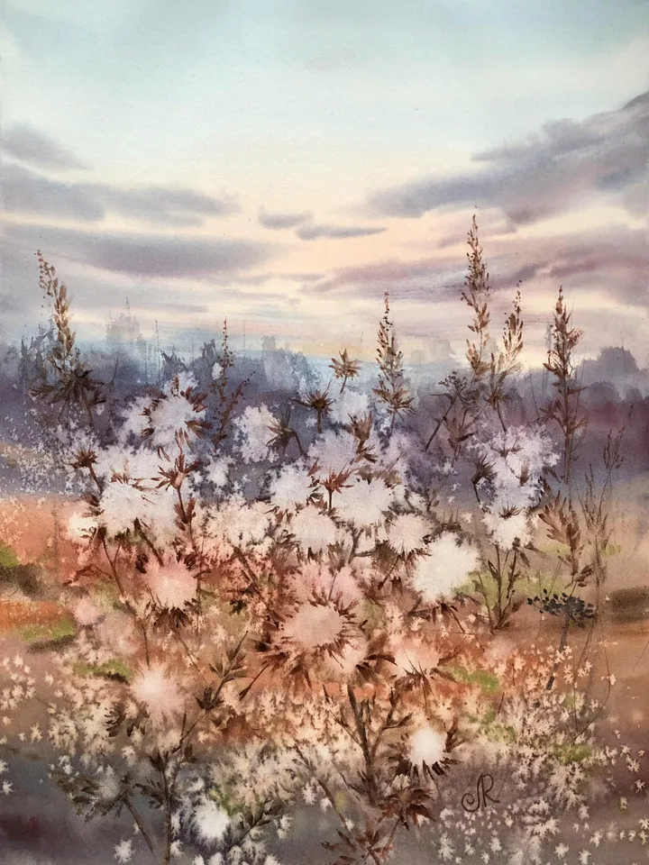 Meadow Original Watercolor Painting Field Landscape Wildflowers Art