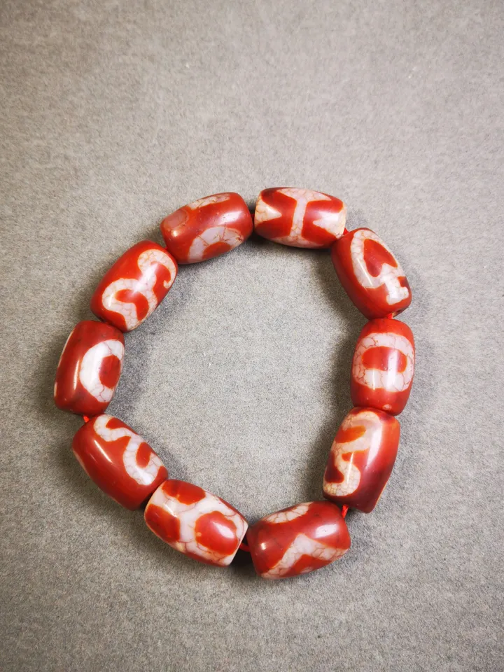 Gandhanra Old Tibetan Dzi Bead Bracelet, Fire Agate Beads Bracelet,Mixed Swastika,Vase,Lotus,Tiger Tooth,and Phum Dzi Beads