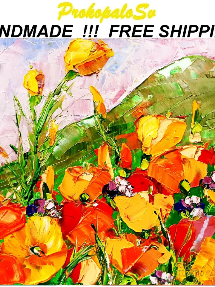 California Poppy Painting Original Art Impasto Oil Painting Flower Small Artwork Impressionist Art Gifts by ArtProkopaloSv
