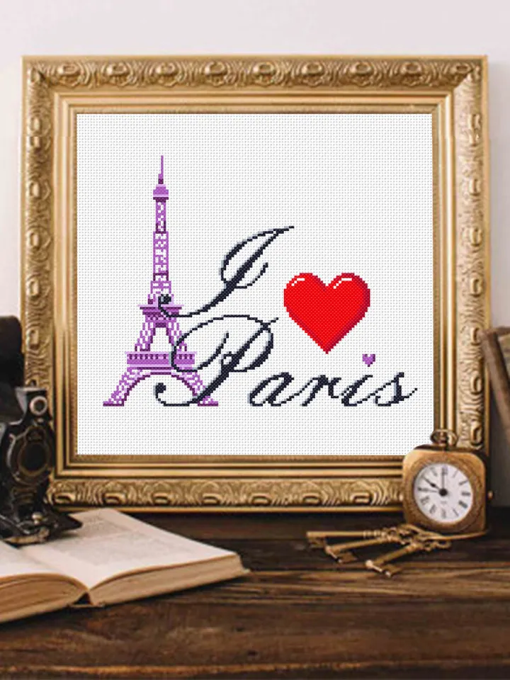 I love Paris cross stitch pattern download PDF Eiffel tower cross stitch chart, Easy beginner embroidery PDF, Paris decor, Heart Paris #E16
