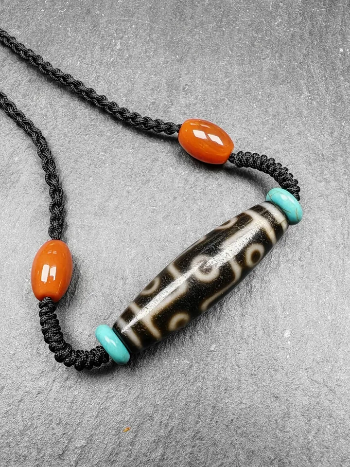 Gandhanra Vintage Tibetan 9 Eyes Dzi Bead Necklace,Protective Charm,Spiritual Gift,1.5" x 0.4"