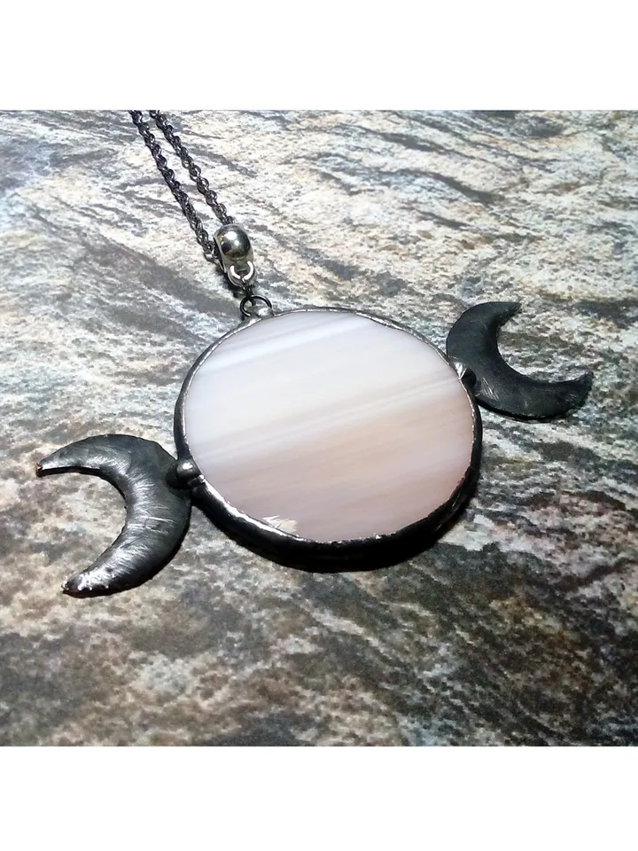Hecate necklace, Moon Goddess, Stained glass moon, Moon phase necklace, Stainglass pink moon crescent, Full moon pendant