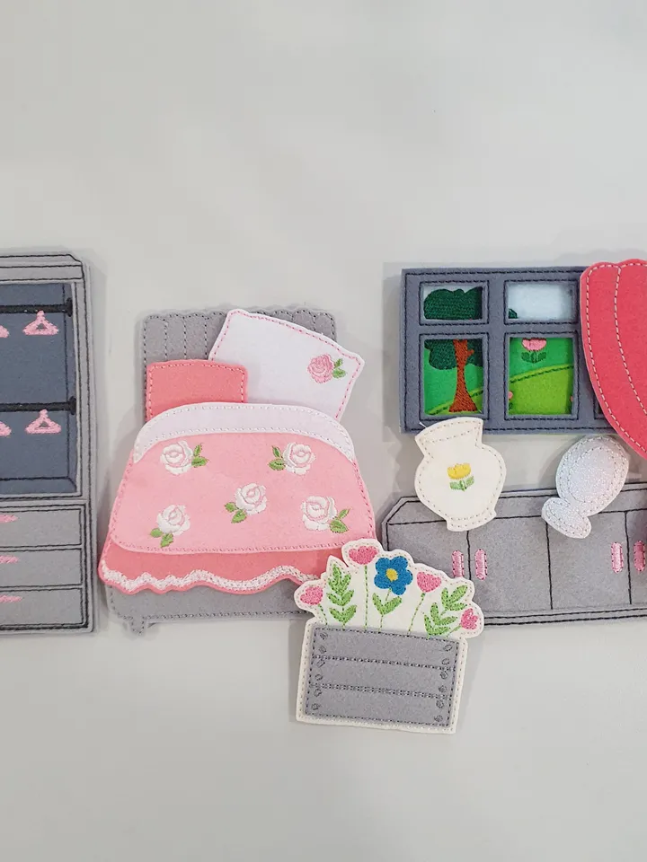 ITH Dollhouse Furniture Embroidery Design Set, Felt Miniature Bed Shelf Window Dresser Pattern, Digital File