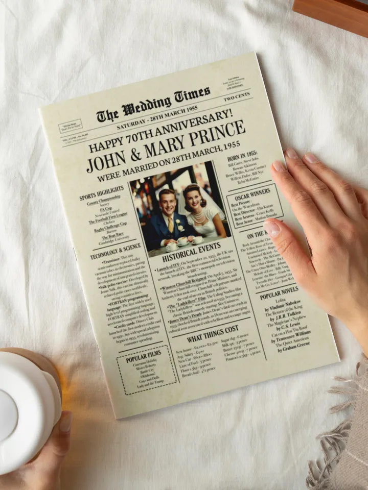 70th Anniversary 1955 Newspaper Photo Poster, 1955 Anniversary, 70th Anniversary Party Sign, 70th Anniversary Gift Board Anniversary gift UK