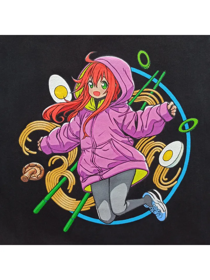 Black cotton shopper bag with hand painted anime style "lt's ramen time" 34x40 cm.