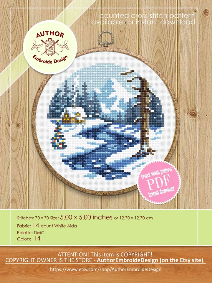 Winter landscape cross stitch pattern PDF download Winter nature cross stitch chart, Christmas pattern digital, Winter house in forest #N168