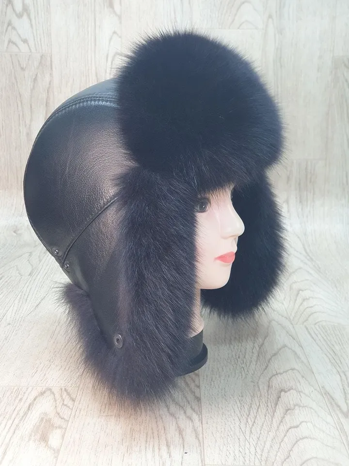 Women's Hat Zimushka from Fox. Fur hat from Natural Fur. Top of the Hat Genuine Leather. Winter hat. Handmade. Black hat made of arctic fur