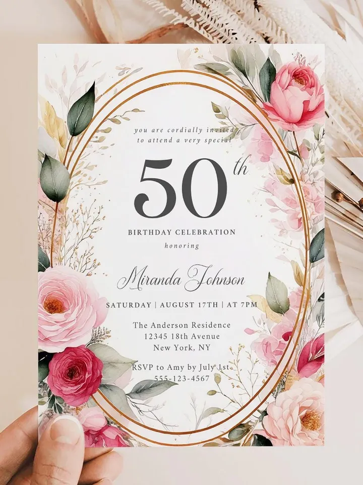 50th Birthday Invitation for Women – Blush Pink & Gold Floral, Elegant Printable Party Invite for Women or Mother, Digital Canva Template