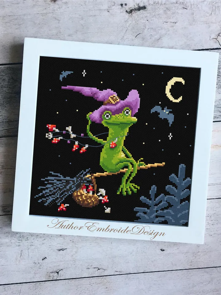 Halloween witch frog cross stitch pattern PDF download Halloween cross stitch chart Cute frog pattern digital PDF Funny frog embroidery #H73