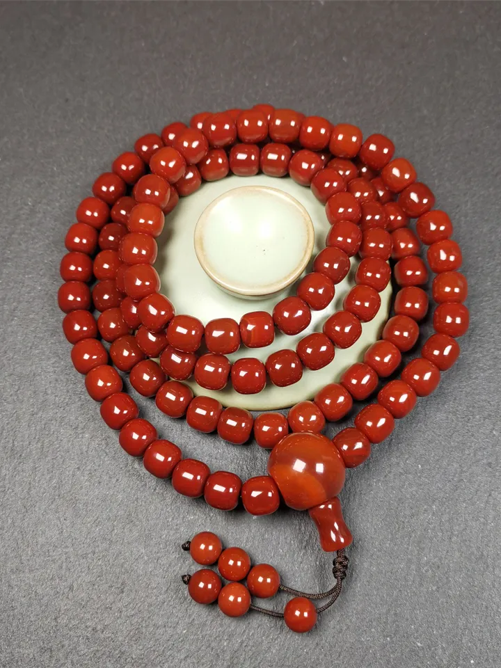 Gandhanra 108 Tibetan Mala, 0.4" Red Agate Prayer Beads Necklace,Tibetan Rosary for Meditation,Circumference 39"