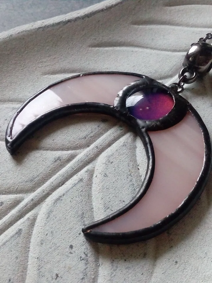 Stained glass moon, Mood stone crescent, Moon phase necklace, Stainglass crescent, Full moon