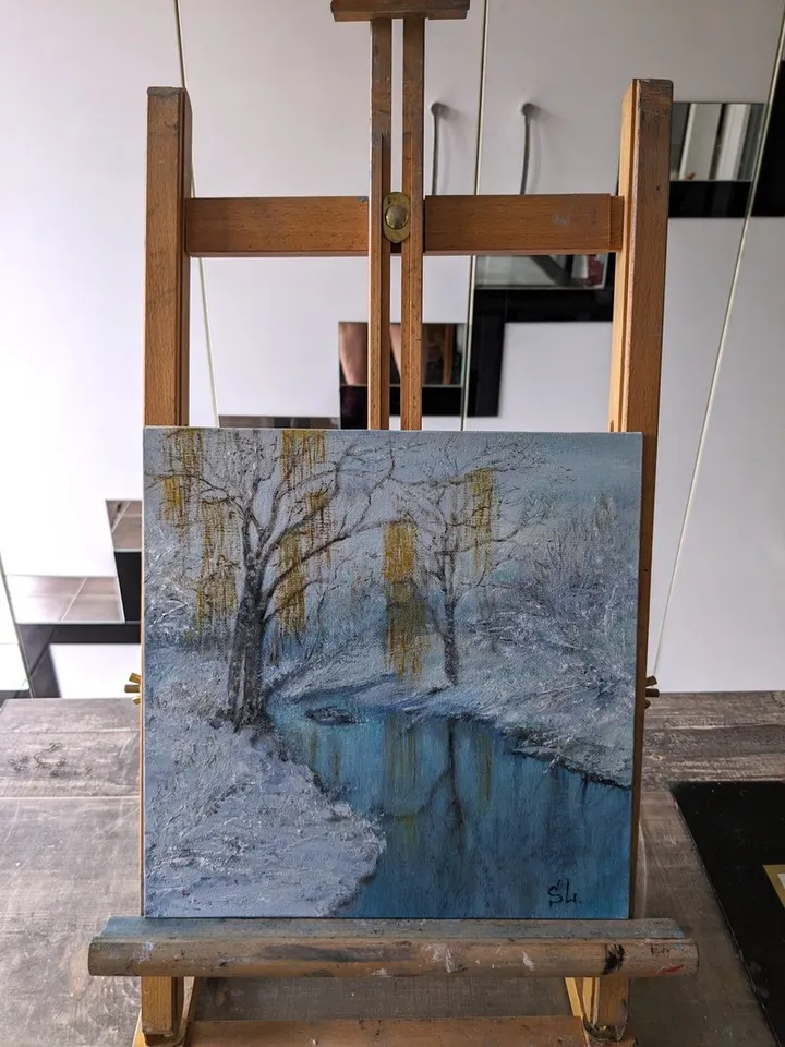 Painting Winter landscape with birches, Dawn River Reflection
canvas on cardboard 10x10 inches, oil paints
