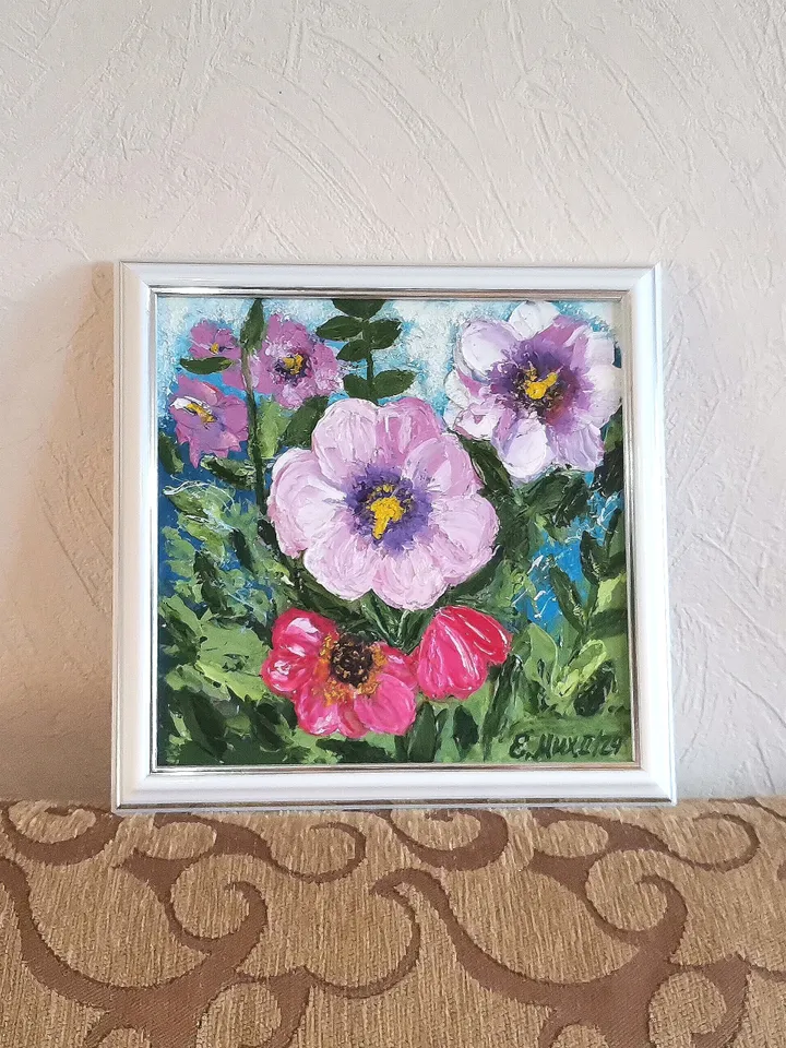 Oil painting flowers "Hollyhocks in the garden"20x20 cm, (7,87x7,87 inches) , 3D, impasto